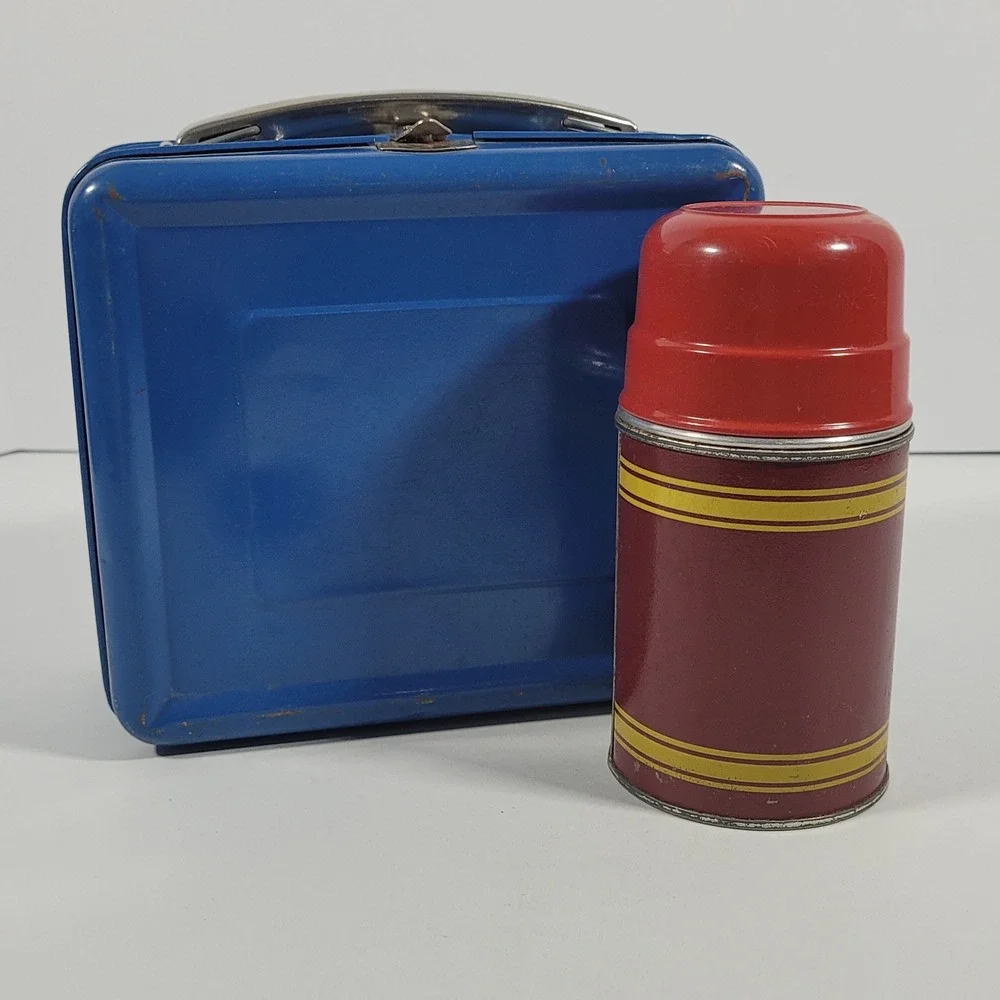 Vintage Blue Metal Lunch Box with Red Striped Thermos Cork Stopper Made in USA - Picture 1 of 15